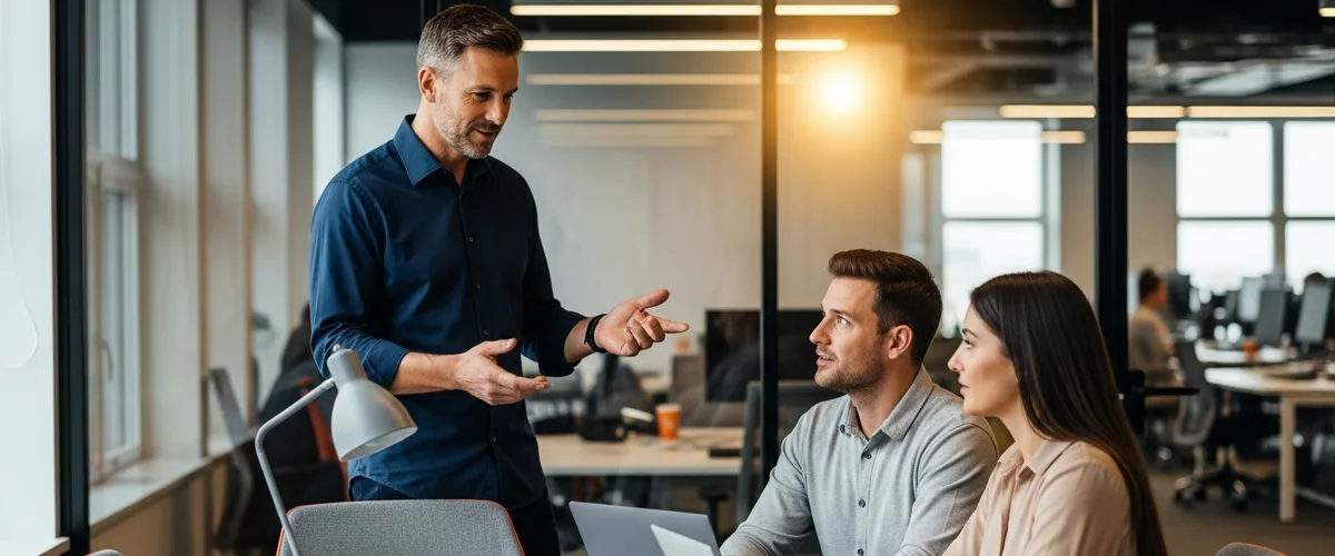 Engineering leader presenting a build vs buy decision framework to two colleagues in a modern office