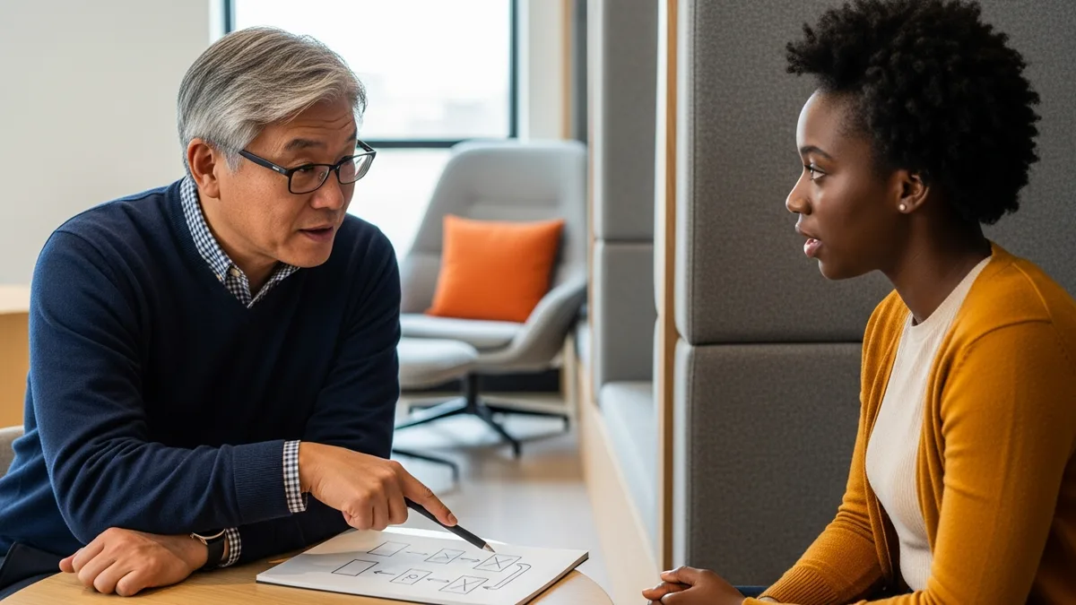 Seasoned engineering advisor mentoring a mid-career engineer over a system diagram, the Advisor stage