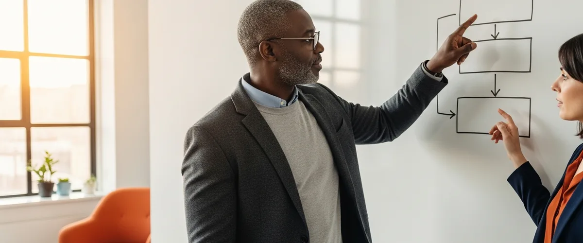 Two engineering leaders mapping the Builder-Leader-Advisor career arc on a three-stage whiteboard diagram