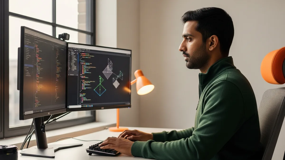 Senior software engineer building real systems at a dual-monitor workstation, the Builder stage of engineering career progression