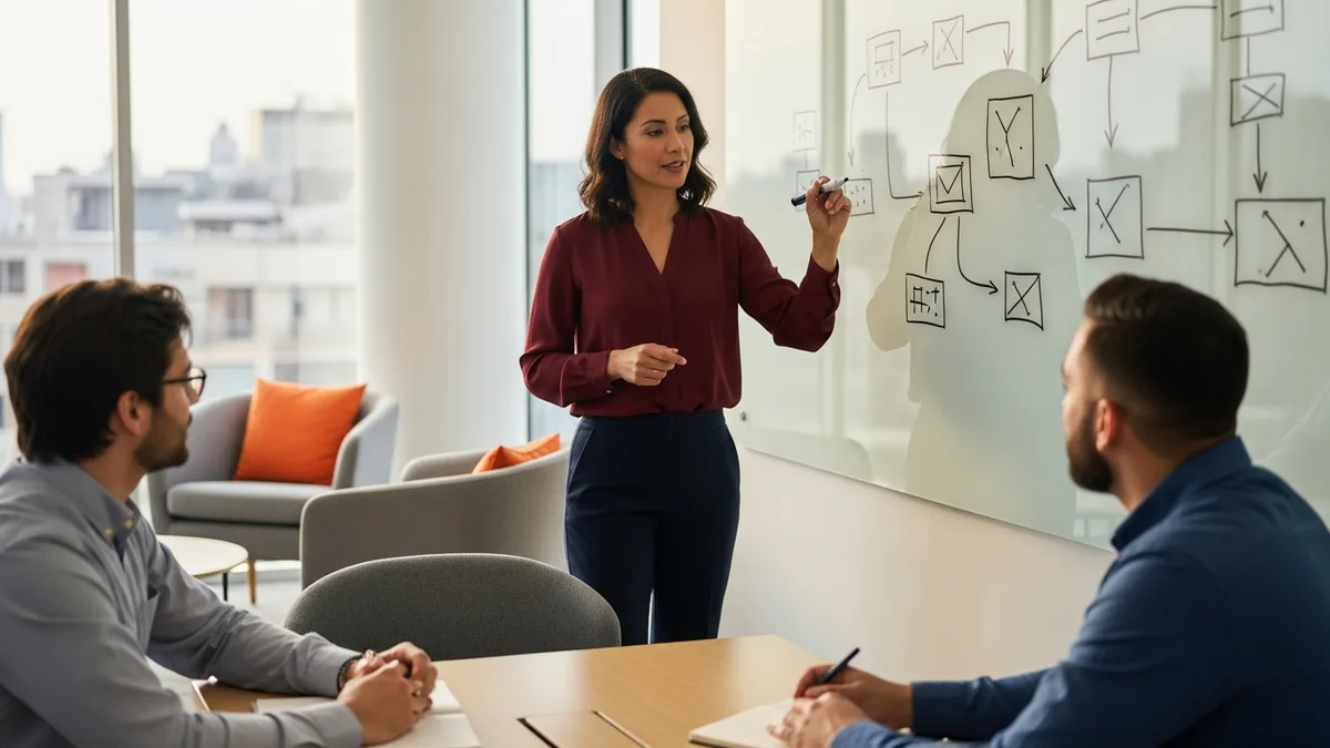 Engineering leader running an architecture review at a whiteboard while her team makes the decisions, the Leader stage
