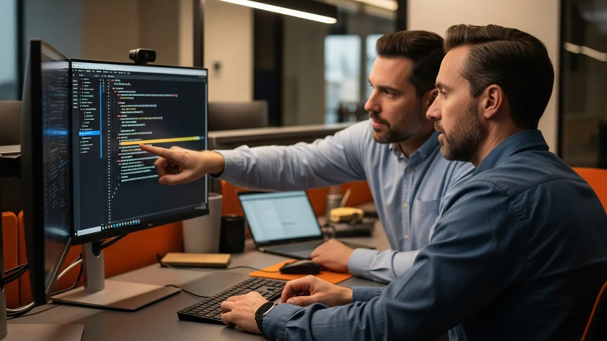 Engineering leader and senior engineer reviewing a code diff on a monitor, evaluating AI generated code