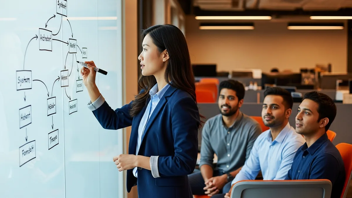 Engineering leader sketching a system architecture diagram on a glass whiteboard for her engineering team