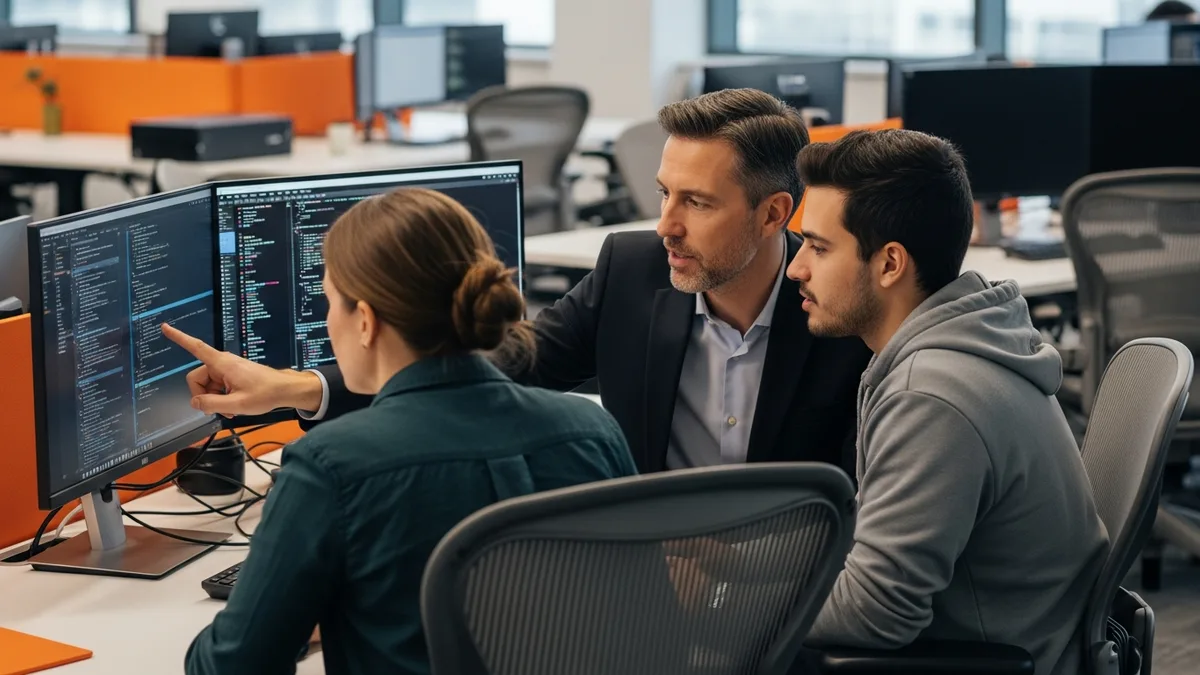 Engineering VP pointing at code on a monitor with two software engineers, staying hands-on with the team's work