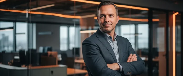 Engineering executive with regulated-industry experience standing in a modern fintech office