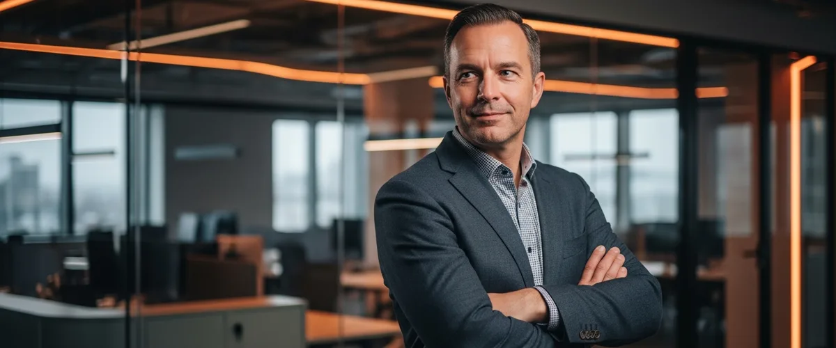 Engineering executive with regulated-industry experience standing in a modern fintech office