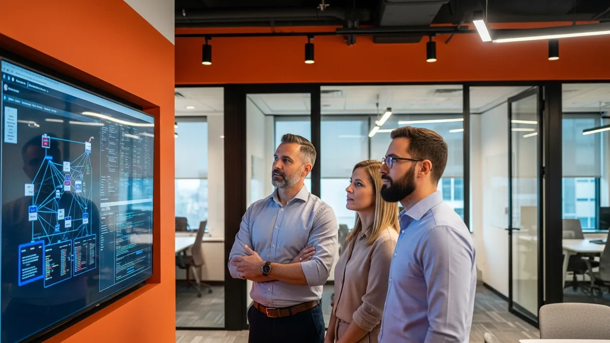 Engineering leader and two senior engineers reviewing a software architecture diagram in a modern fintech office