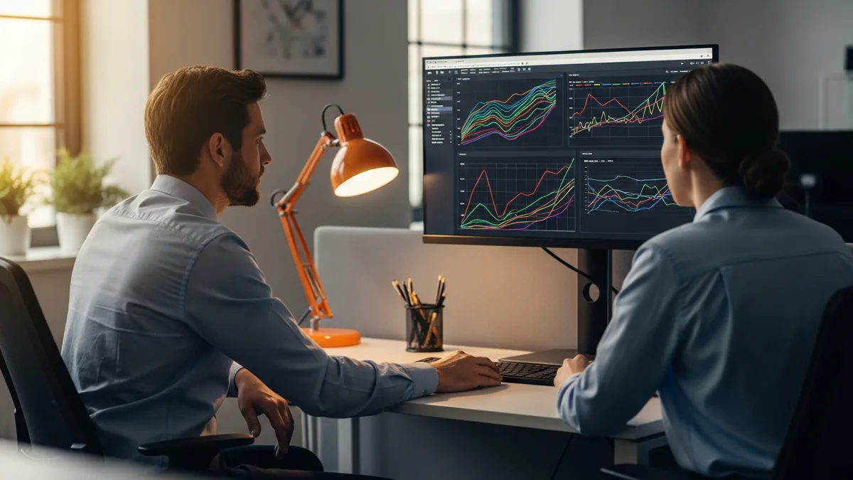 Engineering manager and a colleague reviewing software delivery metrics and cycle time charts on a monitor