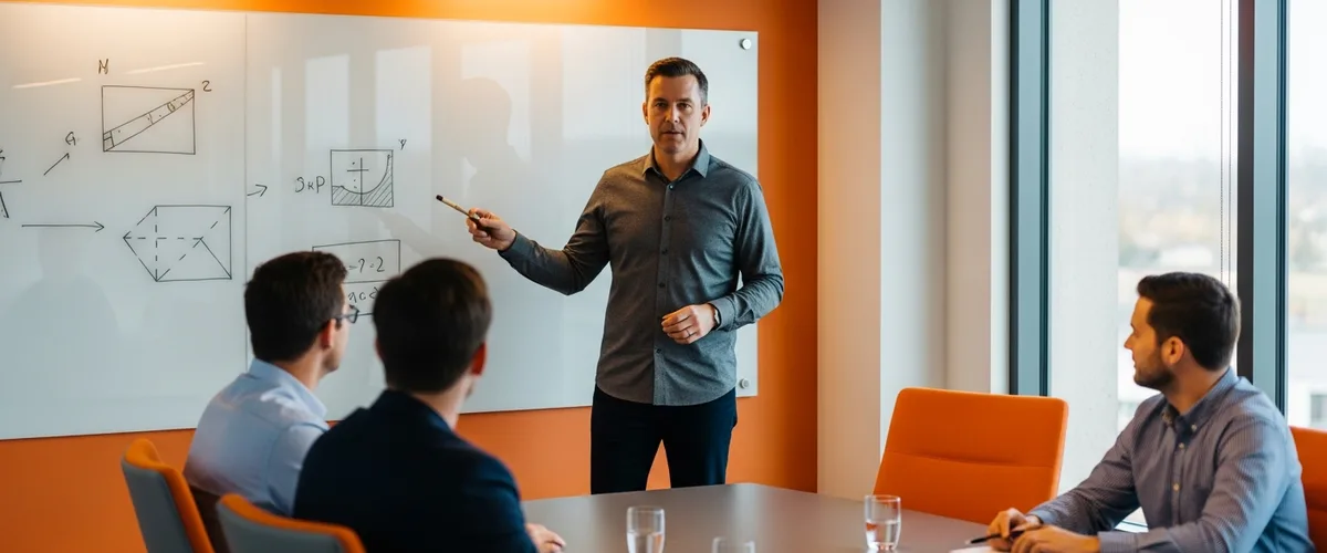 Engineering leader presenting the team operating rhythm to executives in a boardroom while defending operational discipline