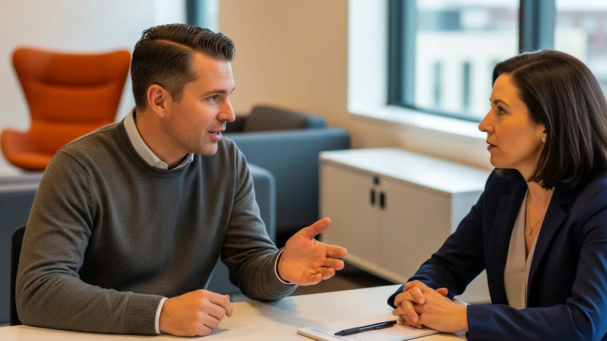 Engineering leader in a candid one-on-one with an executive deciding which process to keep and which to cut