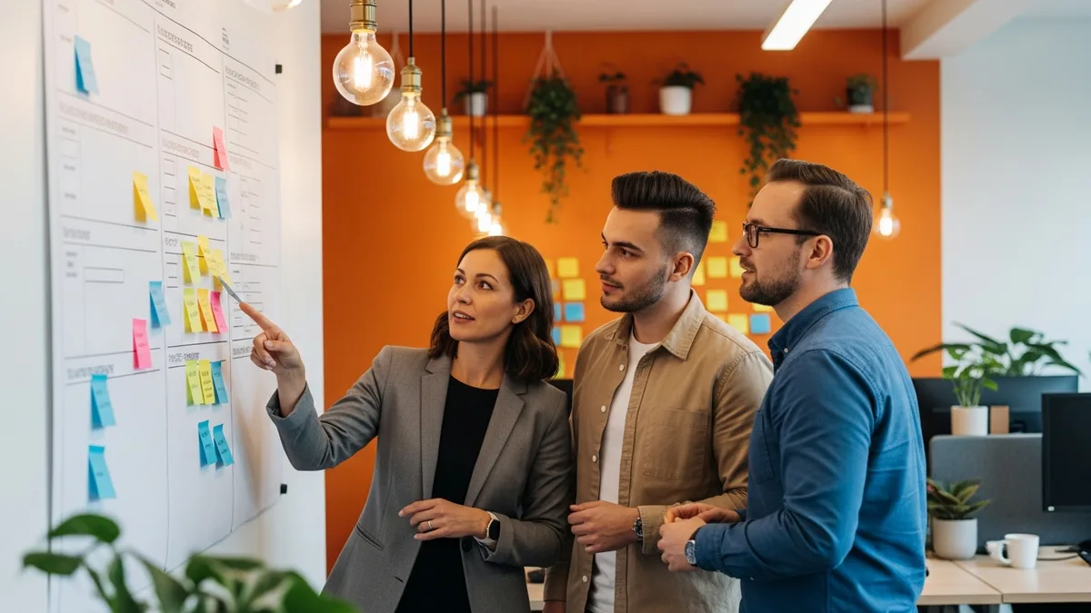 Engineering team lead and two engineers reviewing a sprint priority board in a planning session