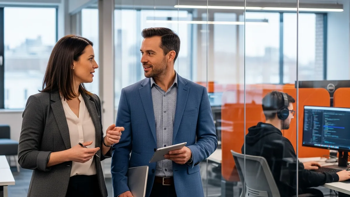 Two engineering leaders making a quick decision in an office hallway while a software engineer works out of earshot