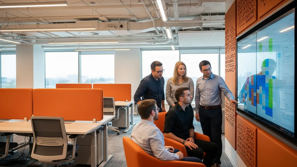 Engineering team gathered around one shared screen showing a documented, prioritized backlog as a single source of truth