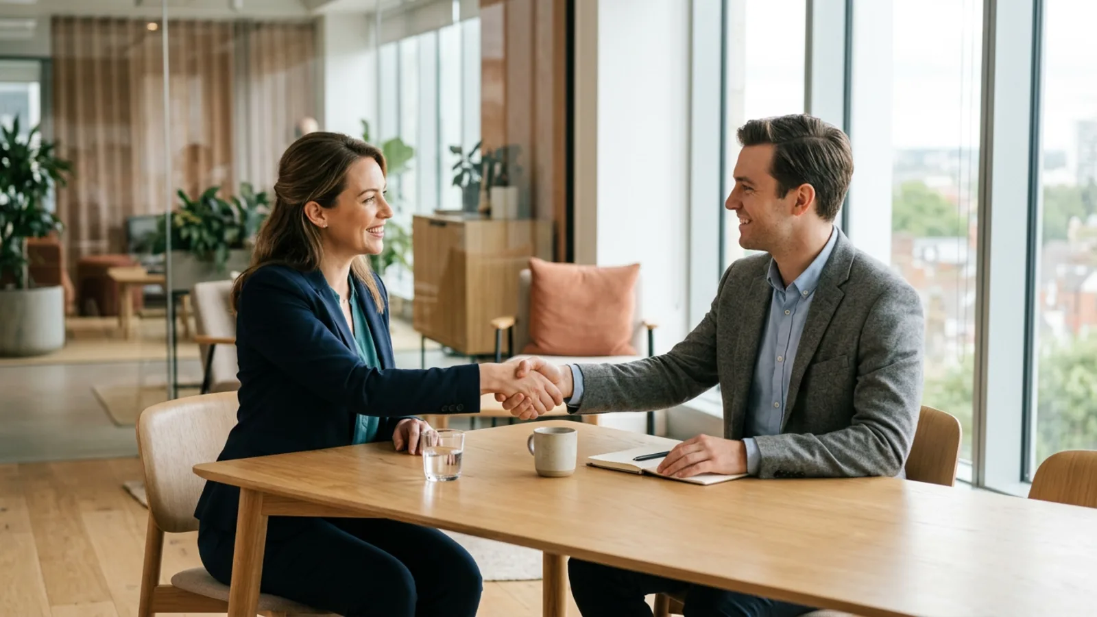 KORE1 engineering recruiter shaking hands with an engineer candidate in a bright modern office