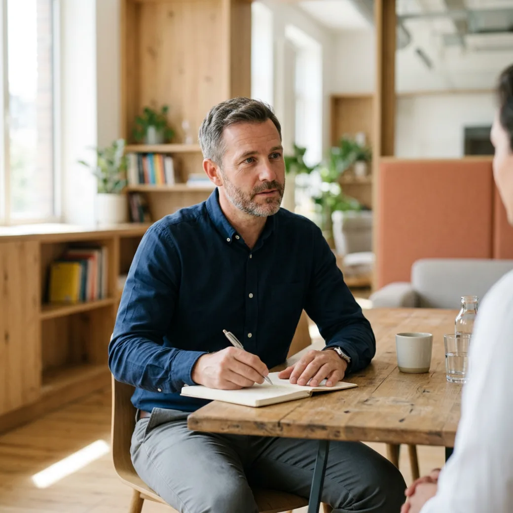 KORE1 engineering recruiter taking notes while interviewing an engineer at a desk
