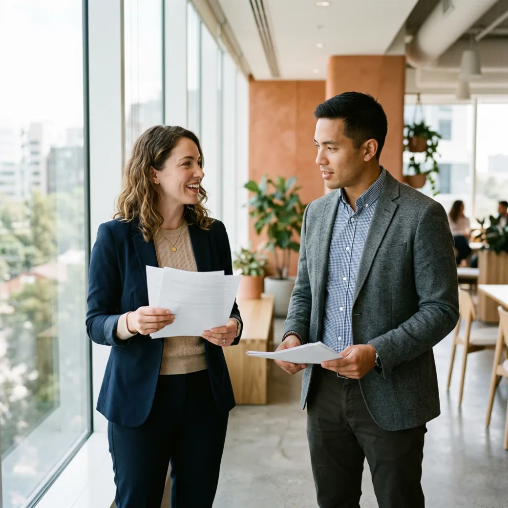 Two KORE1 recruiters comparing notes on engineering candidates near an office window