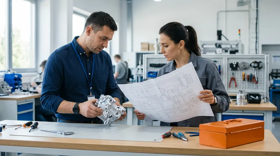 A mechanical engineer holding a machined component while an electrical engineer reviews a printed schematic at an Atlanta engineering lab workbench