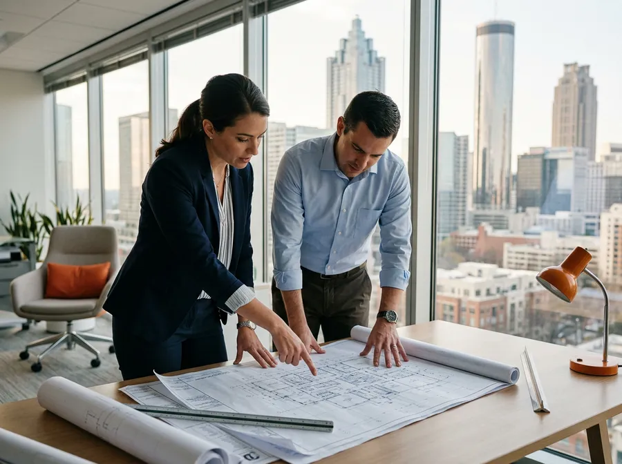 Two engineers reviewing printed blueprints at an Atlanta engineering staffing agency with the downtown Atlanta skyline visible through the windows