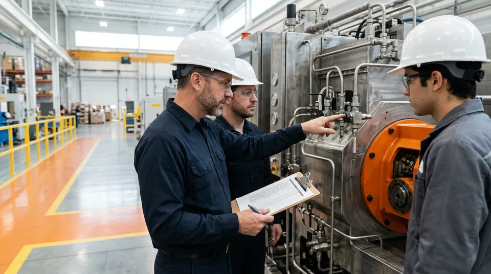 Two manufacturing engineers in hard hats inspecting equipment on a metro Atlanta production floor