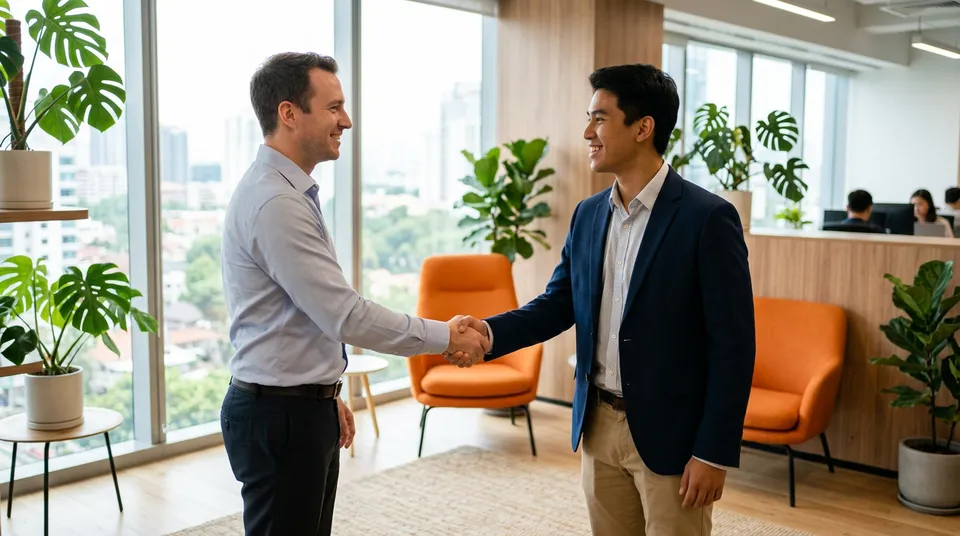 A KORE1 engineering recruiter shaking hands with an engineering candidate in a bright Atlanta office