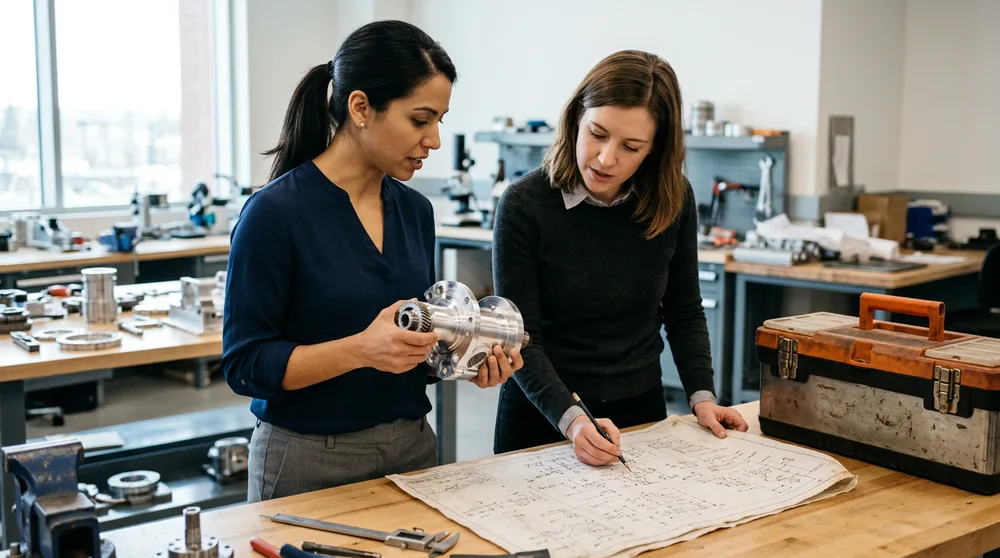 A mechanical engineer holding a machined component while an electrical engineer reviews a printed schematic at a Chicago engineering lab workbench