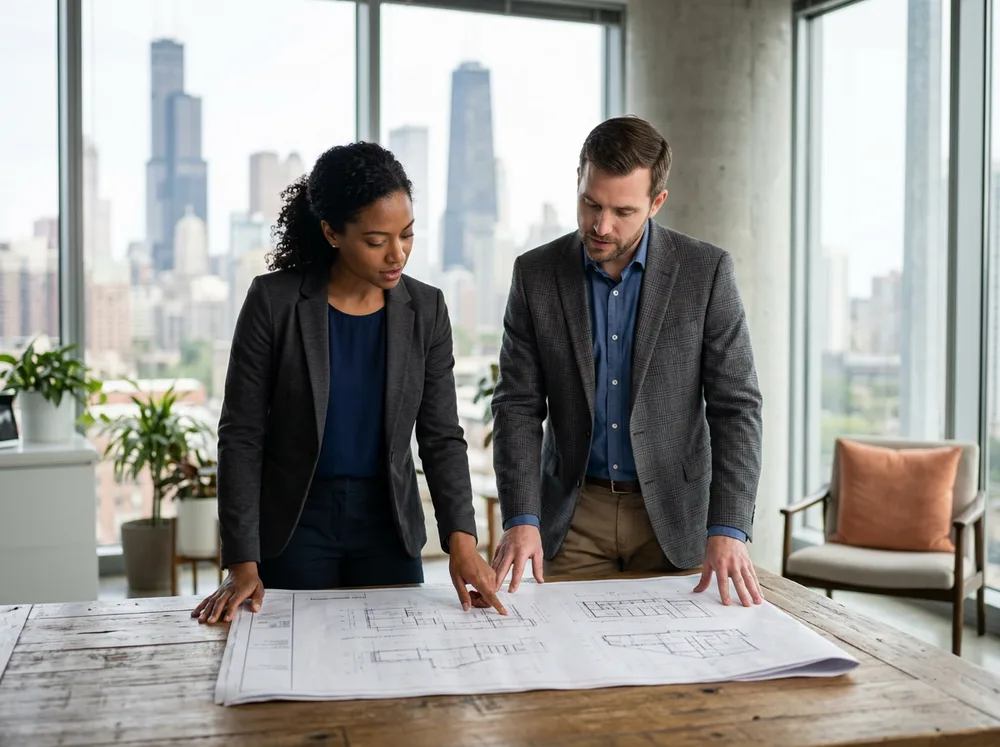 Two engineers reviewing printed blueprints at a Chicago engineering staffing agency with the downtown Chicago skyline visible through the windows