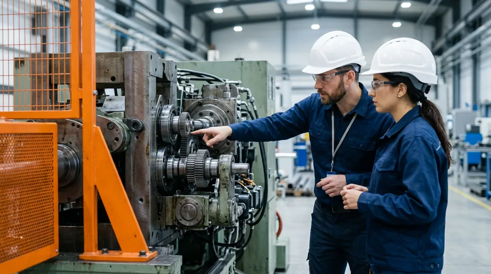 Two manufacturing engineers in hard hats inspecting equipment on a Chicago-area production floor
