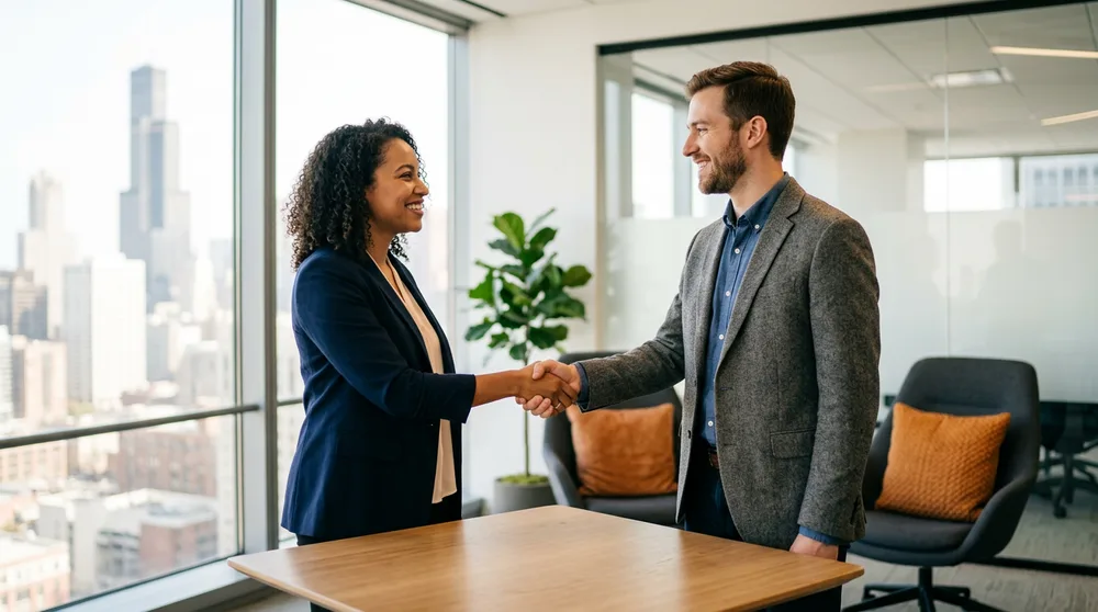 A KORE1 engineering recruiter shaking hands with an engineering candidate in a bright Chicago office