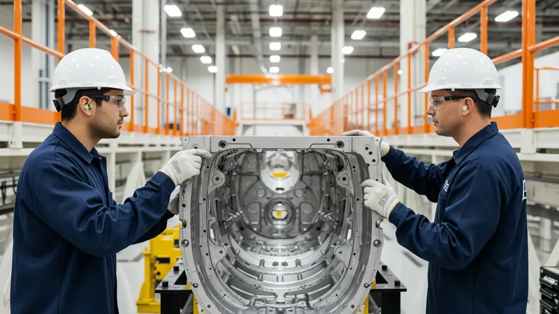 Two aerospace manufacturing engineers in hard hats inspecting a large precision airframe panel at a Fort Worth aerospace facility