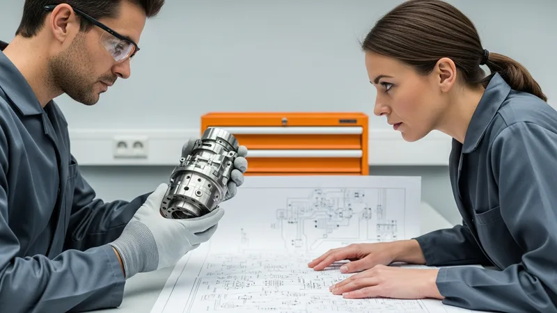 A mechanical engineer holding a machined aerospace component while an electrical engineer reviews a printed schematic at a Dallas engineering lab workbench