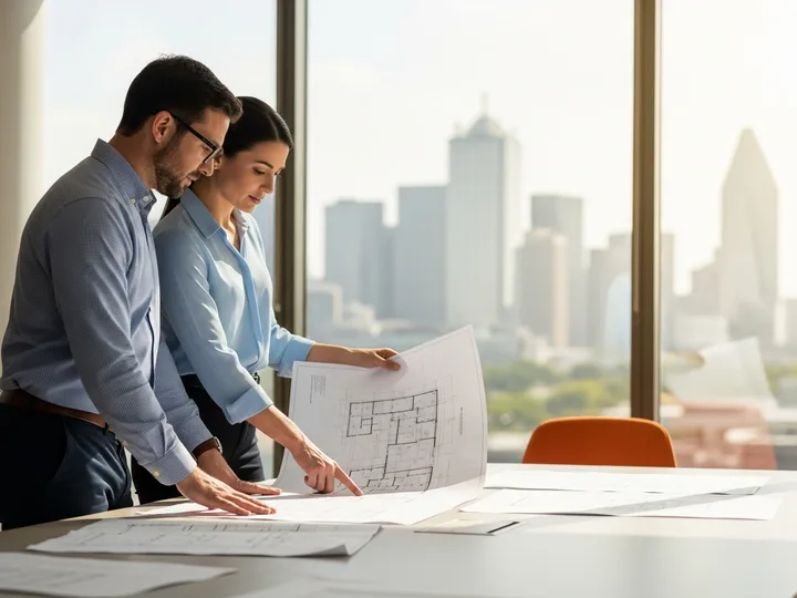 Two engineers reviewing printed blueprints at a Dallas engineering staffing agency with the downtown Dallas skyline visible through the windows
