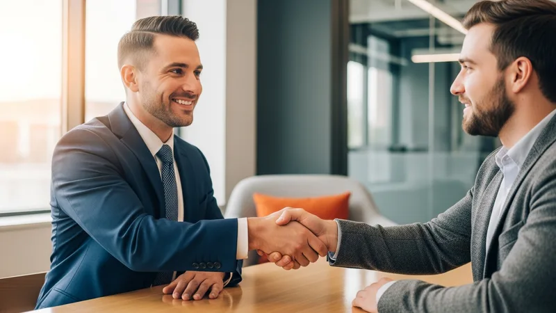 A KORE1 engineering recruiter shaking hands with an engineering candidate in a bright Dallas office