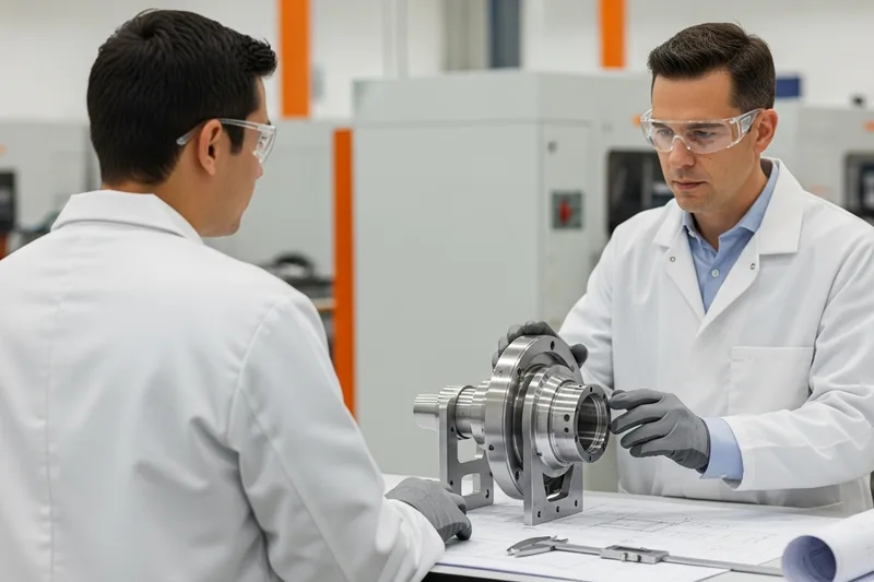 Aerospace and manufacturing engineers inspecting a precision machined component near Clear Lake, Houston