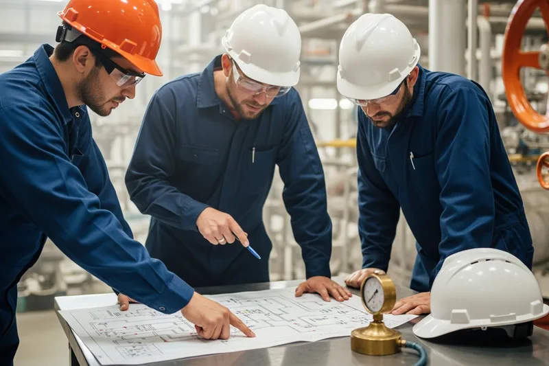 Process and controls engineers reviewing printed P&ID drawings on a table at a Houston Ship Channel petrochemical plant