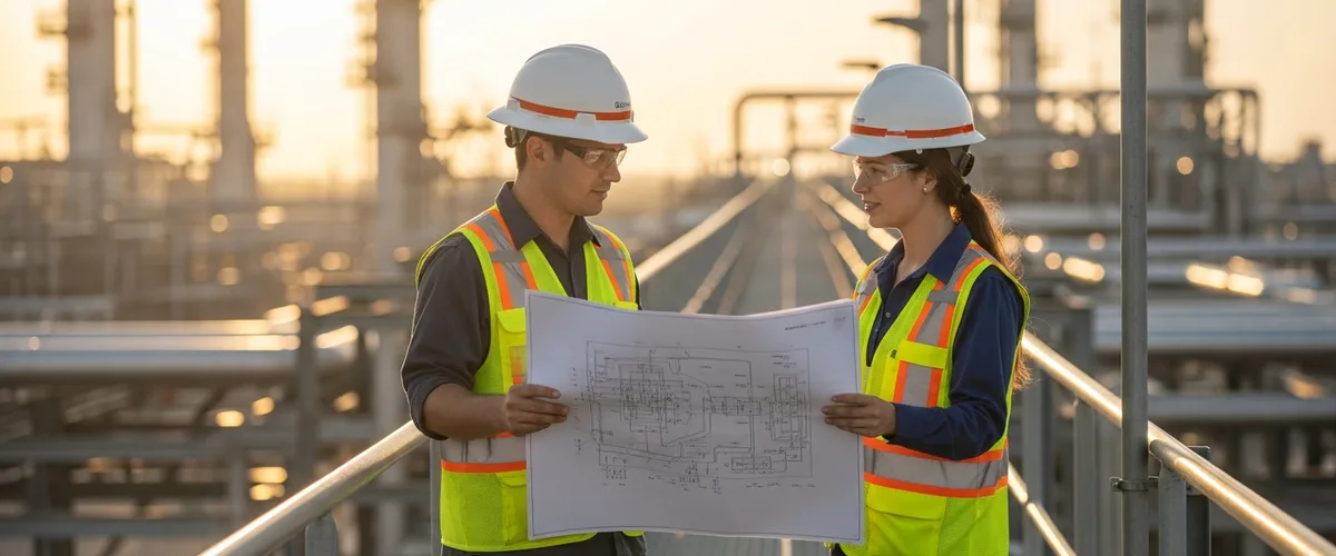 Engineers in hard hats reviewing printed plant schematics at a Houston Gulf Coast industrial facility at golden hour