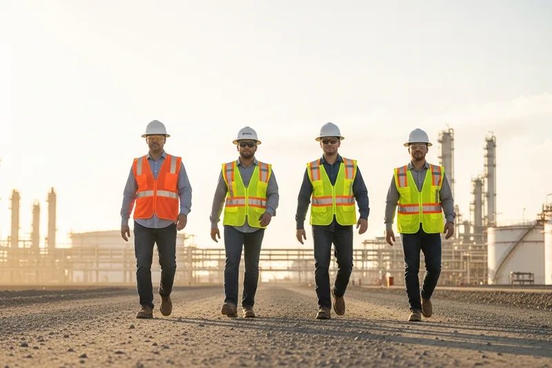 Engineering team walking a Houston Gulf Coast industrial site with petrochemical infrastructure in the background