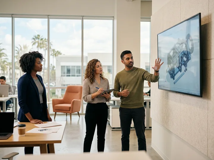 Engineering team reviewing aerospace designs at a Los Angeles engineering staffing agency