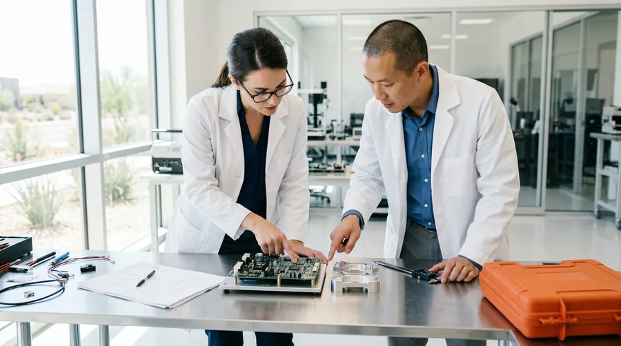 Mechanical and electrical engineers reviewing a circuit board and machined part at a Phoenix engineering lab workbench