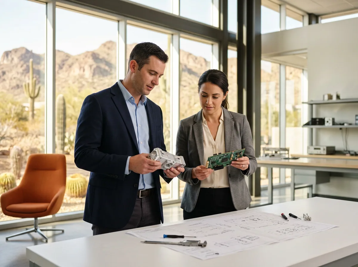 Two engineers reviewing hardware at a Phoenix engineering staffing agency with desert mountains visible through the windows