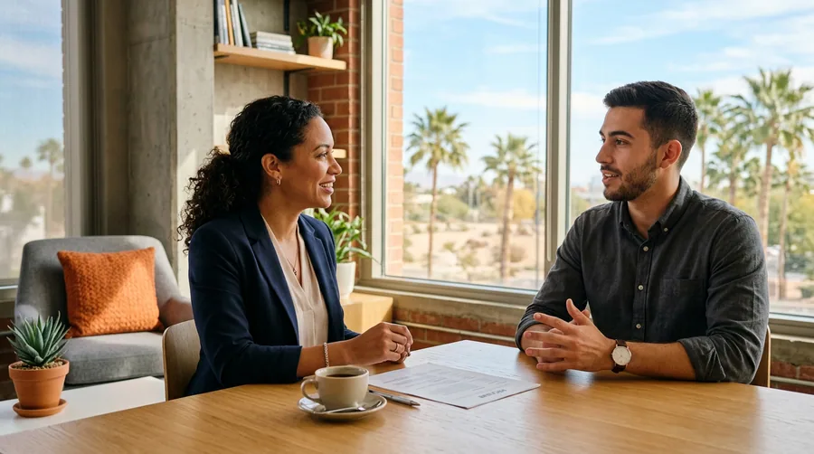 KORE1 engineering recruiter meeting an engineering candidate in a bright Phoenix office