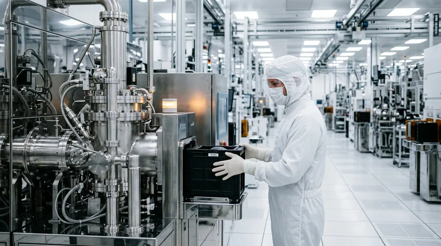 Technician in a cleanroom suit inspecting wafer fabrication equipment at a Phoenix area semiconductor facility