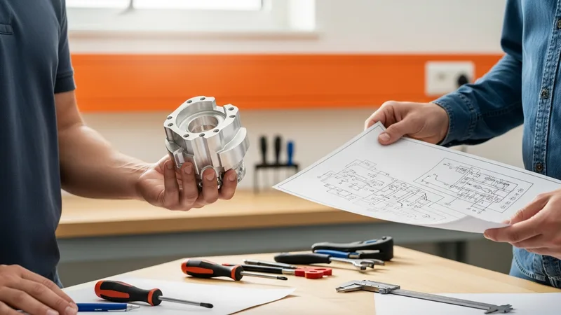 A mechanical engineer holding a machined component while an electrical engineer reviews a printed schematic at a Salt Lake City engineering lab workbench