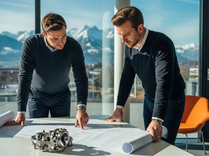 Two engineers reviewing printed blueprints at a Salt Lake City engineering staffing agency with the snow-capped Wasatch Mountains visible through the windows