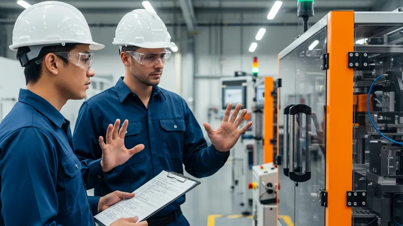 Two manufacturing engineers in hard hats inspecting equipment on a Wasatch Front production floor in Utah