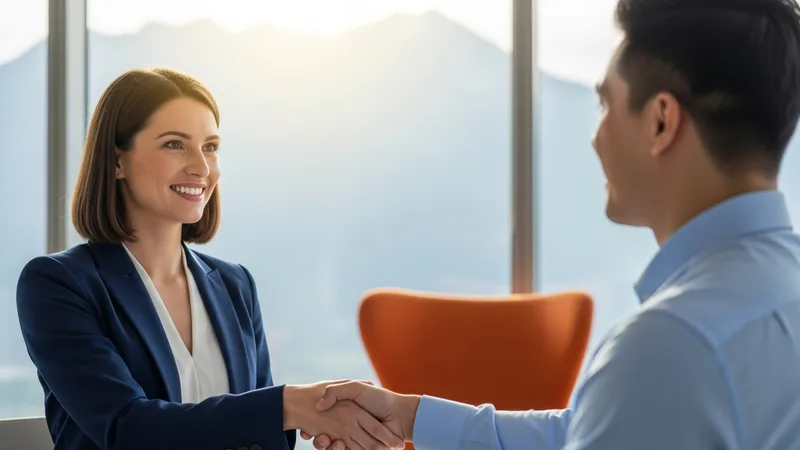 A KORE1 engineering recruiter shaking hands with an engineering candidate in a bright Salt Lake City office