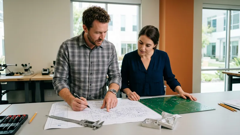 Mechanical and electrical engineers reviewing a blueprint and circuit board in a San Diego design lab