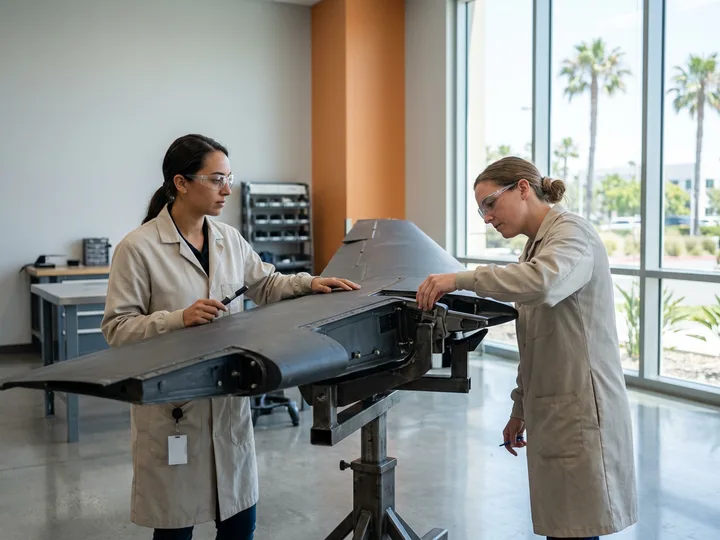 Aerospace engineers inspecting an unmanned aircraft wing at a San Diego engineering staffing agency