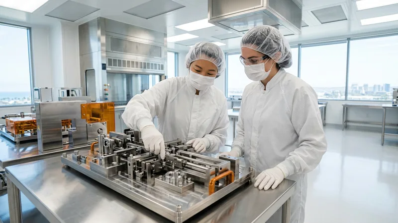 Manufacturing engineers in cleanroom suits inspecting a medical device fixture at a San Diego facility
