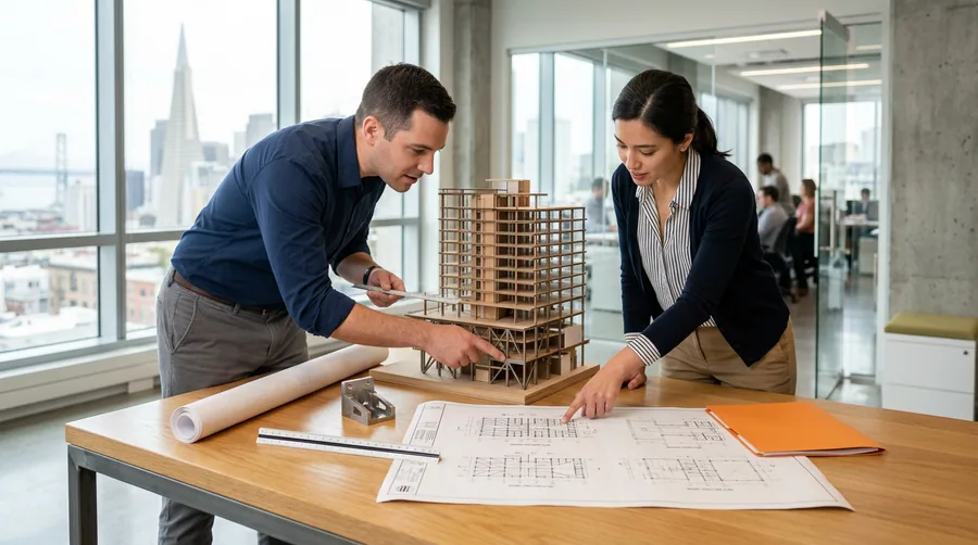 Civil, structural and mechanical engineers reviewing seismic drawings and a building model in a San Francisco design office
