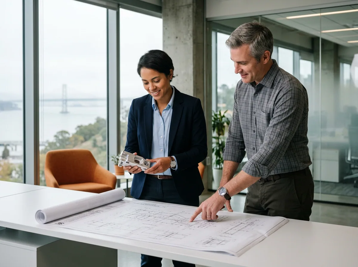 Engineering team reviewing structural drawings and hardware at a San Francisco engineering staffing agency with the Bay visible